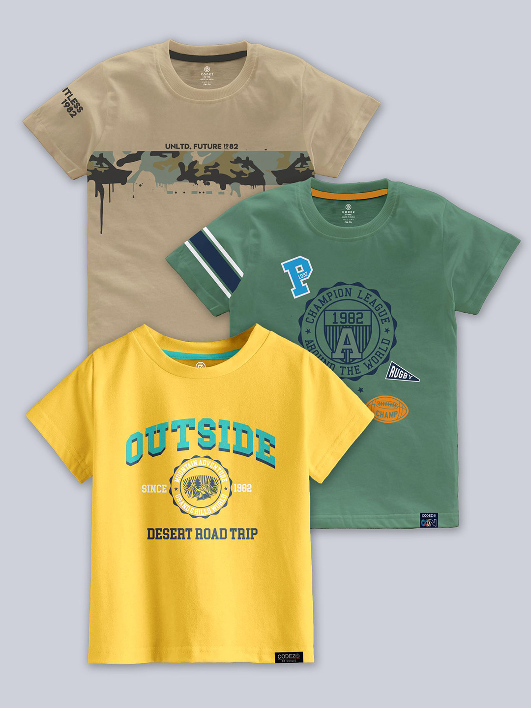 CODEZ Boys Pack Of 3 Typographic Printed Cotton T-shirts