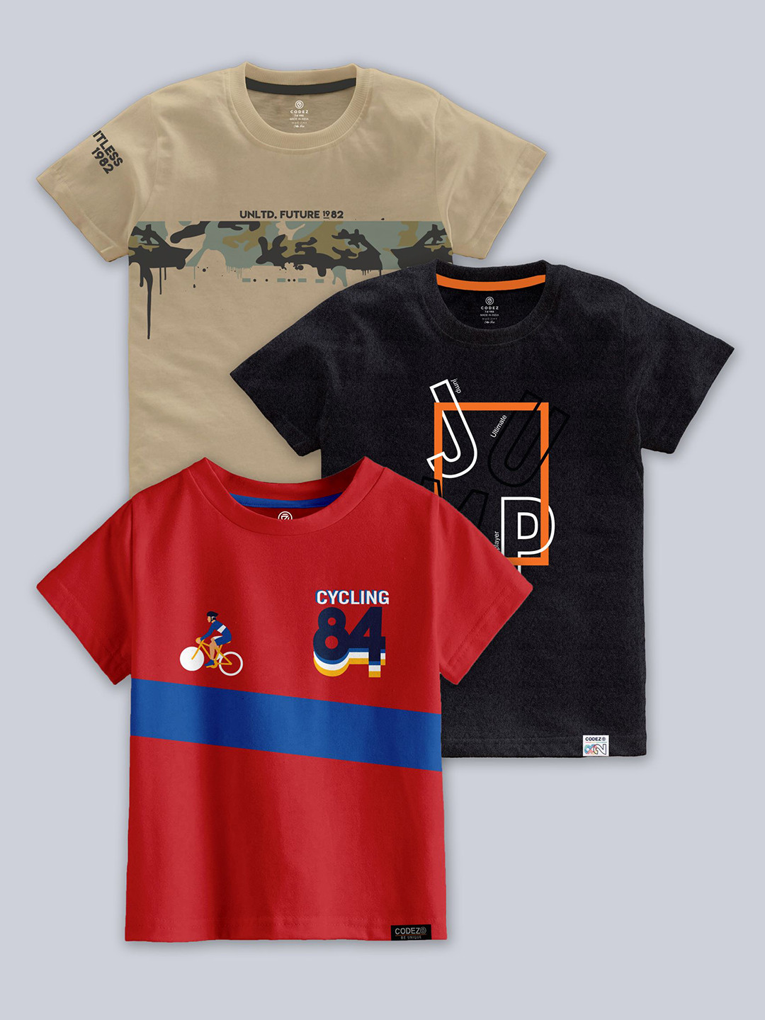 CODEZ Boys Pack Of 3 Typographic Printed Cotton T-shirts