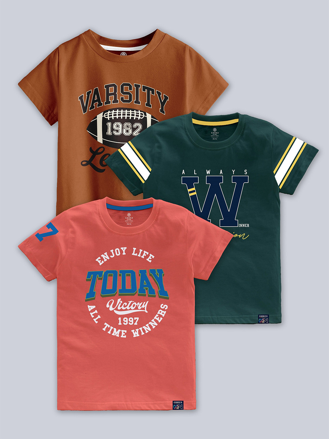 CODEZ Boys Pack Of 3 Typographic Printed Cotton T-shirts