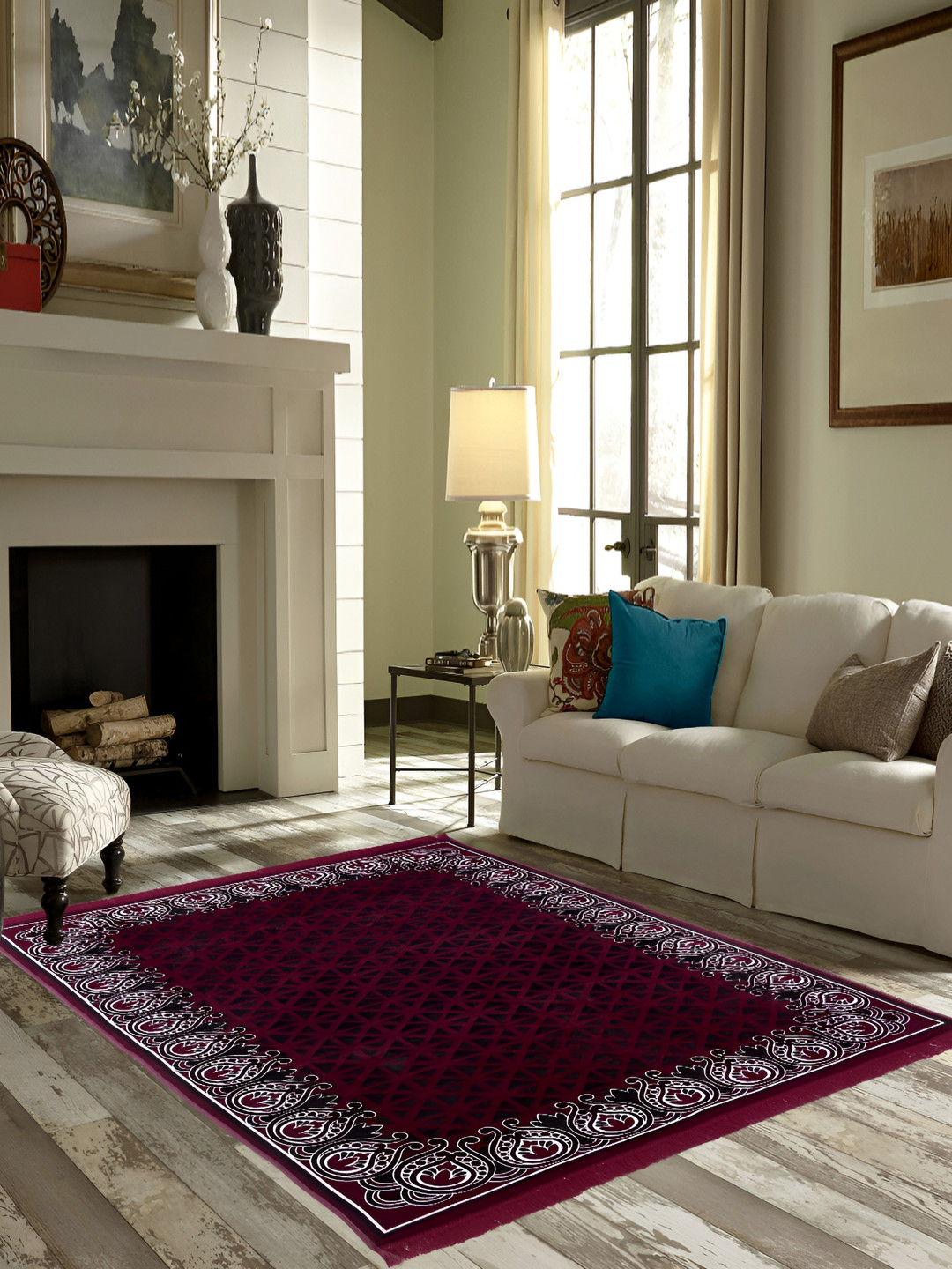 ZESTURE Maroon & White Abstract Rectangle Carpet
