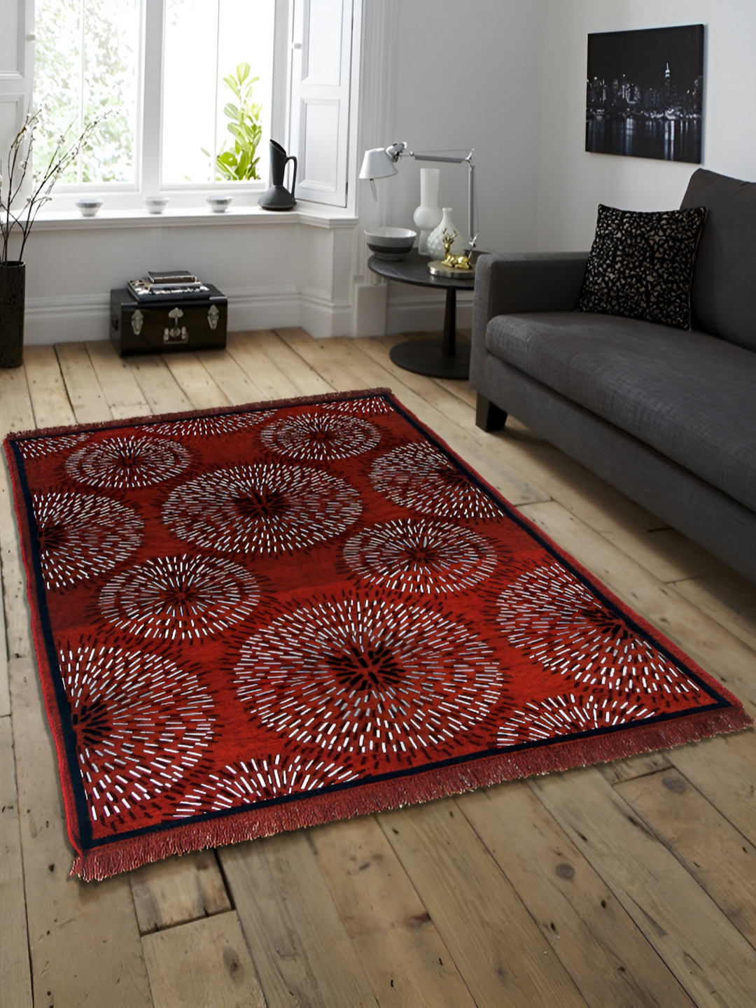 ZESTURE Orange Abstract Polyester Carpet