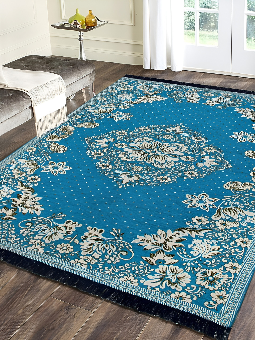ZESTURE Blue & White Floral Carpet