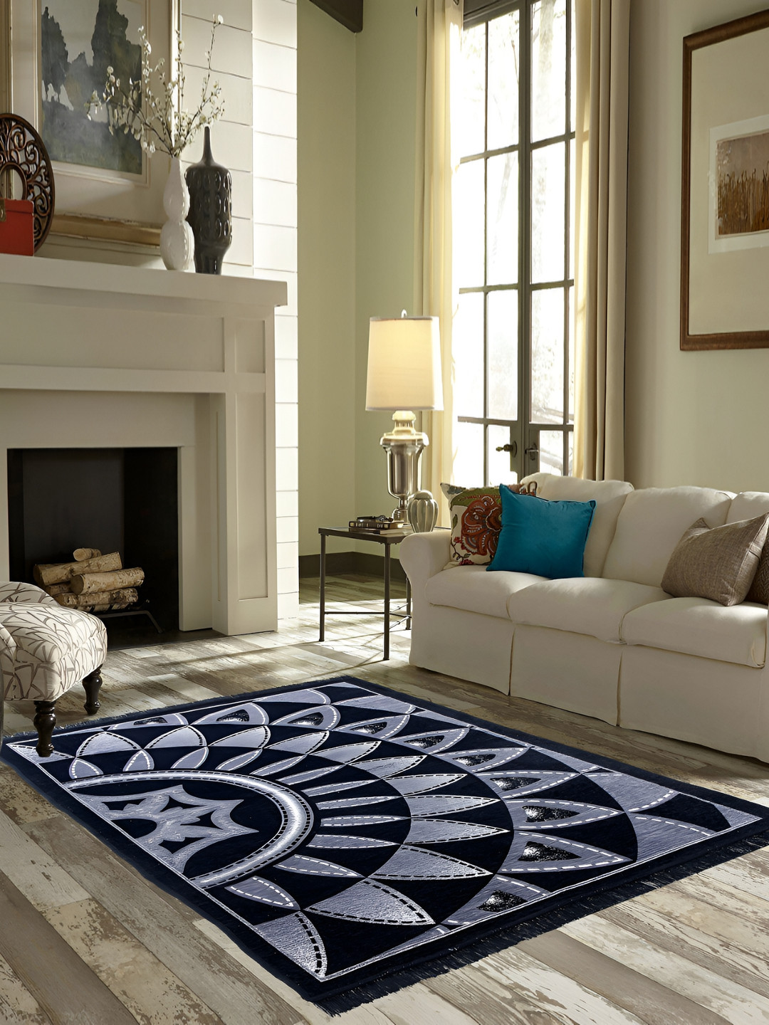 ZESTURE Black & Blue Abstract Rectangle Shaped Carpet