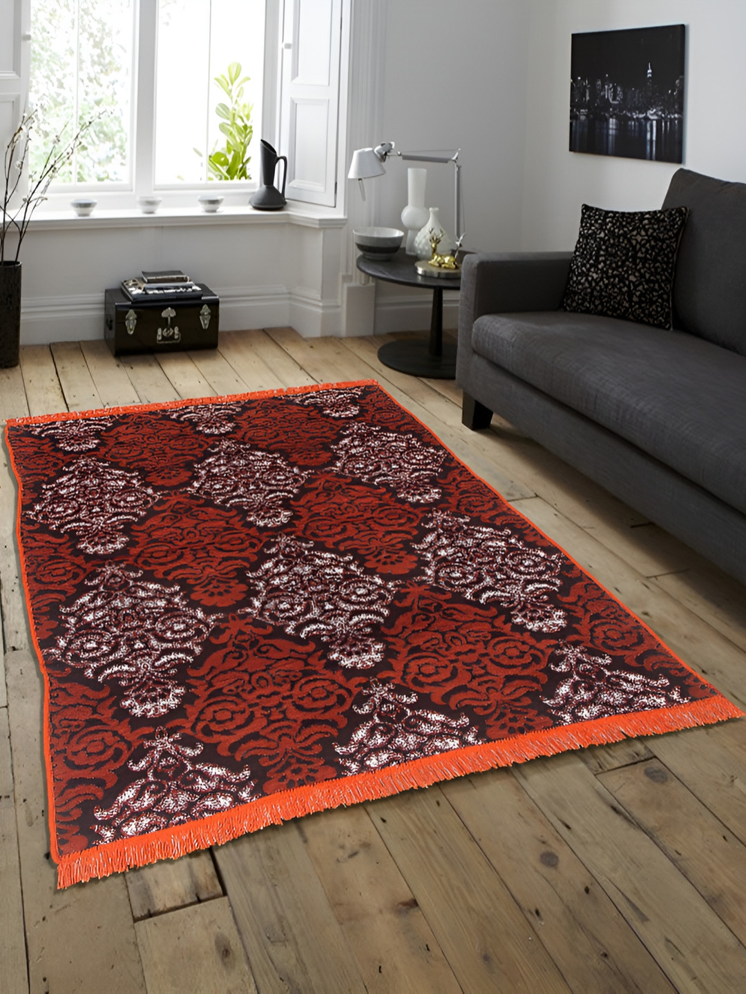 ZESTURE Orange Abstract Polyester Carpet