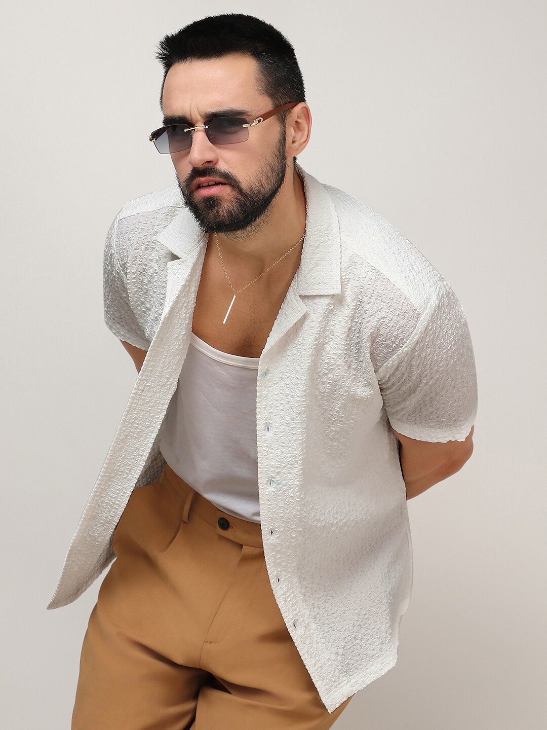 CAHOOT Men's White Classic Geometric Self Design Cuban Collar Casual Shirt