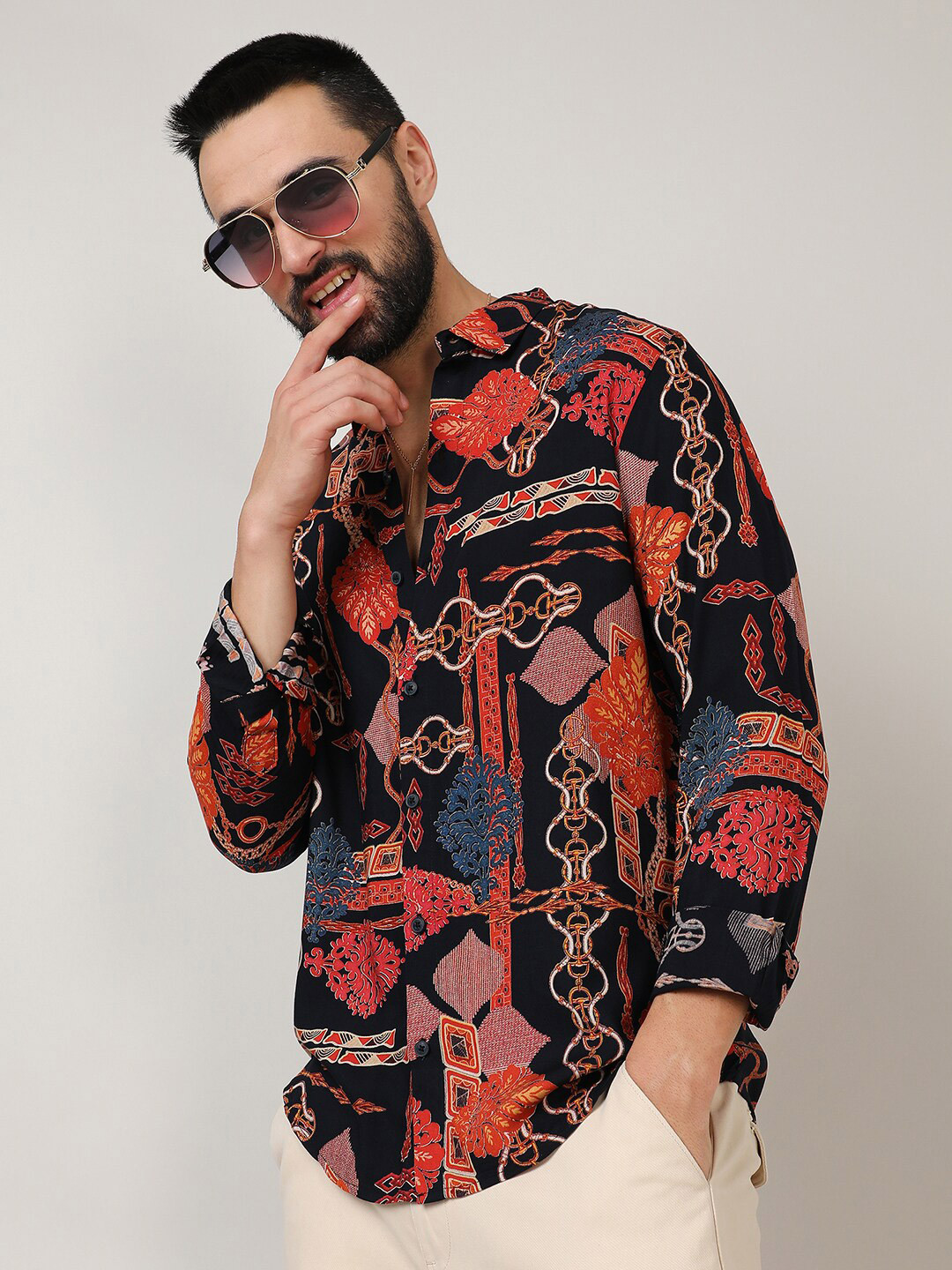 CAHOOT Men's Black Classic Ethnic Motifs Printed Spread Collar Casual Shirt