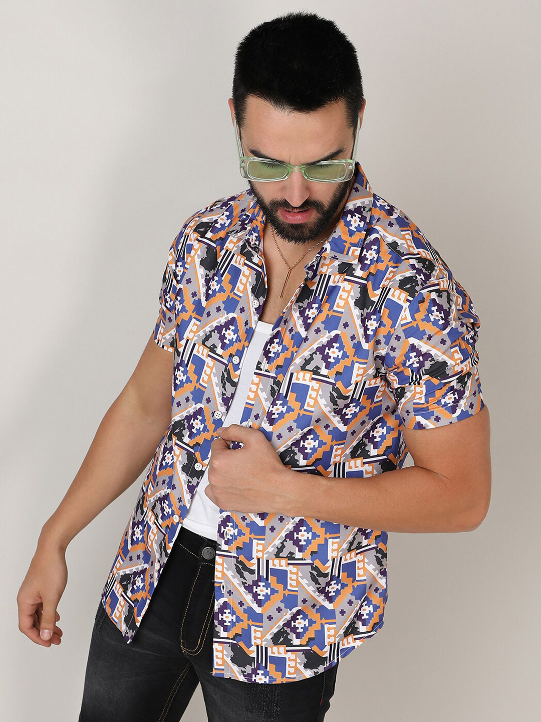 CAHOOT Men's Grey Classic Ethnic Motifs Printed Spread Collar Casual Shirt