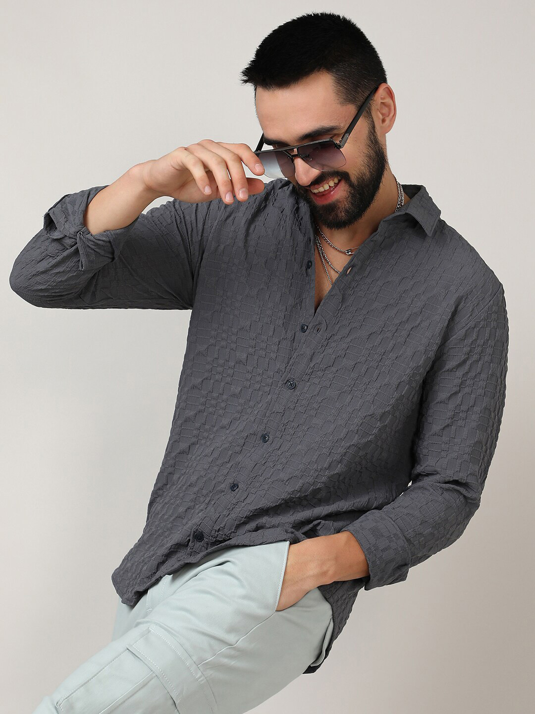 CAHOOT Men's Grey Classic Geometric Self Design Spread Collar Casual Shirt