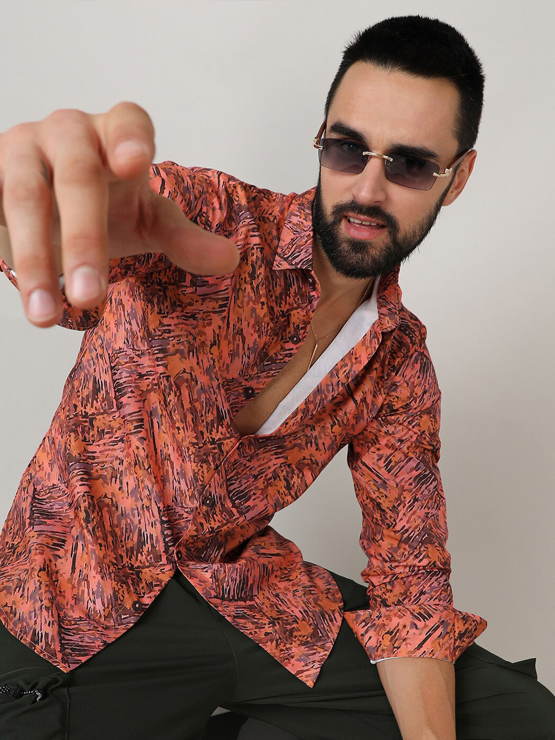 Campus Sutra Brown Classic Abstract Printed Spread Collar Casual Shirt