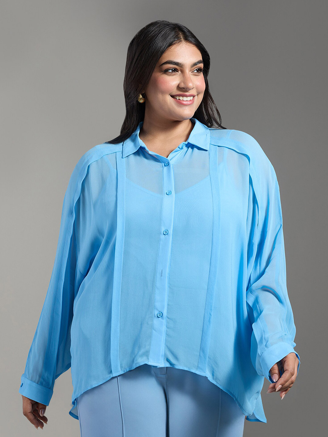 20Dresses Plus Size Spread Collar Long Extended Sleeves Pleated Casual Shirt
