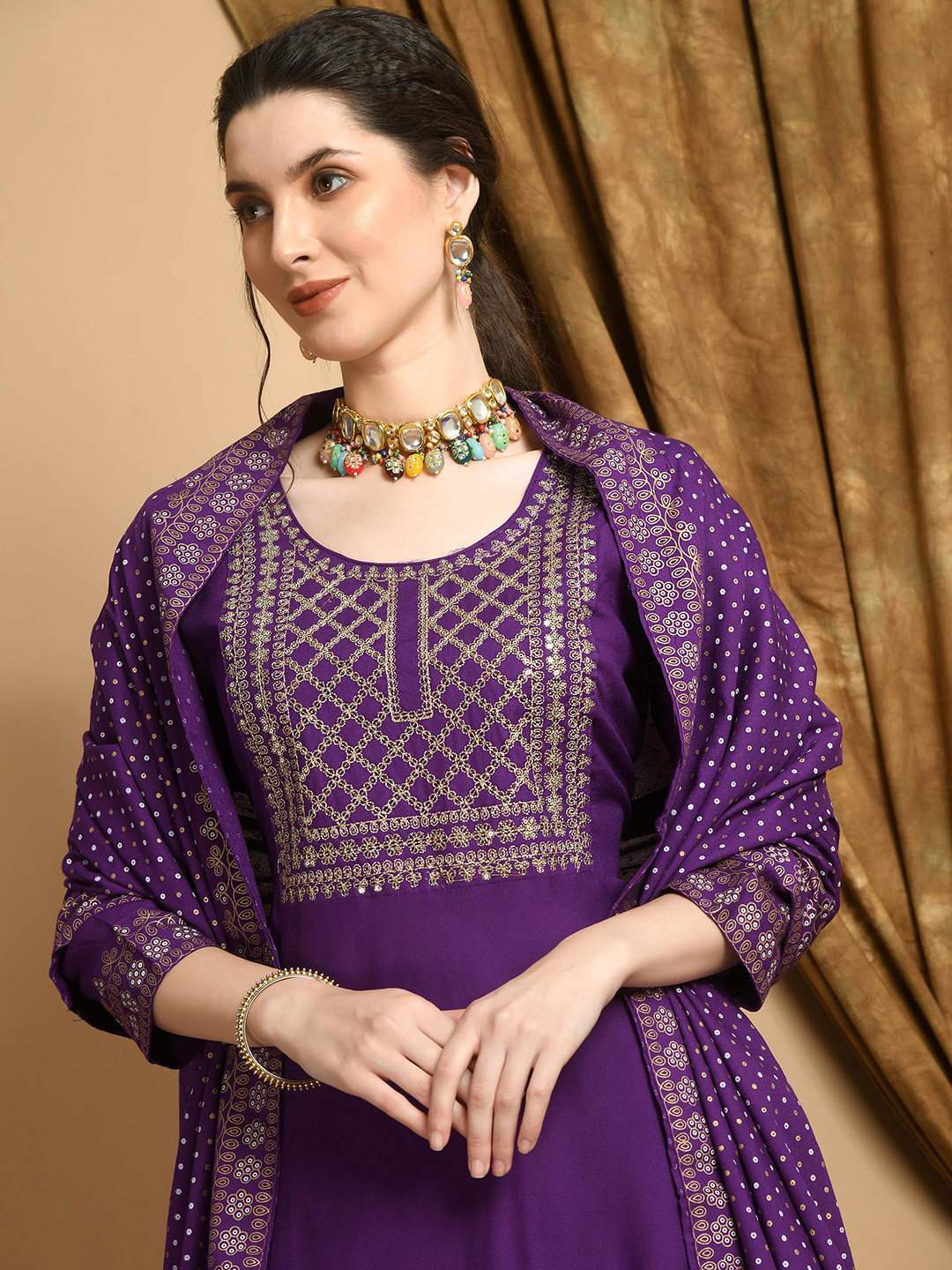 Bhoolft Floral Embroidered Thread Work Anarkali Kurta With Trousers & Dupatta