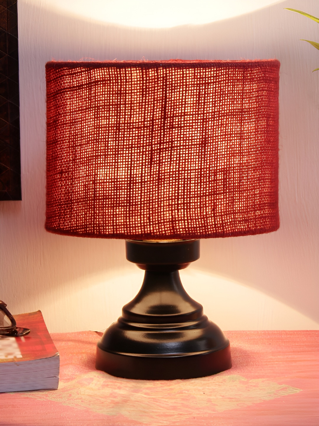 Devansh Maroon Iron Traditional Cylindrical Shaped Table Lamp