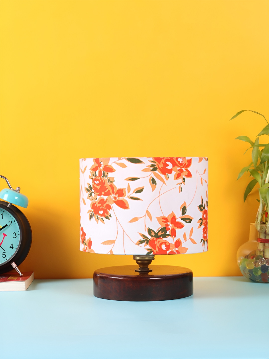 Devansh White & Red Printed Wooden Traditional Cylindrical Shaped Table Lamp