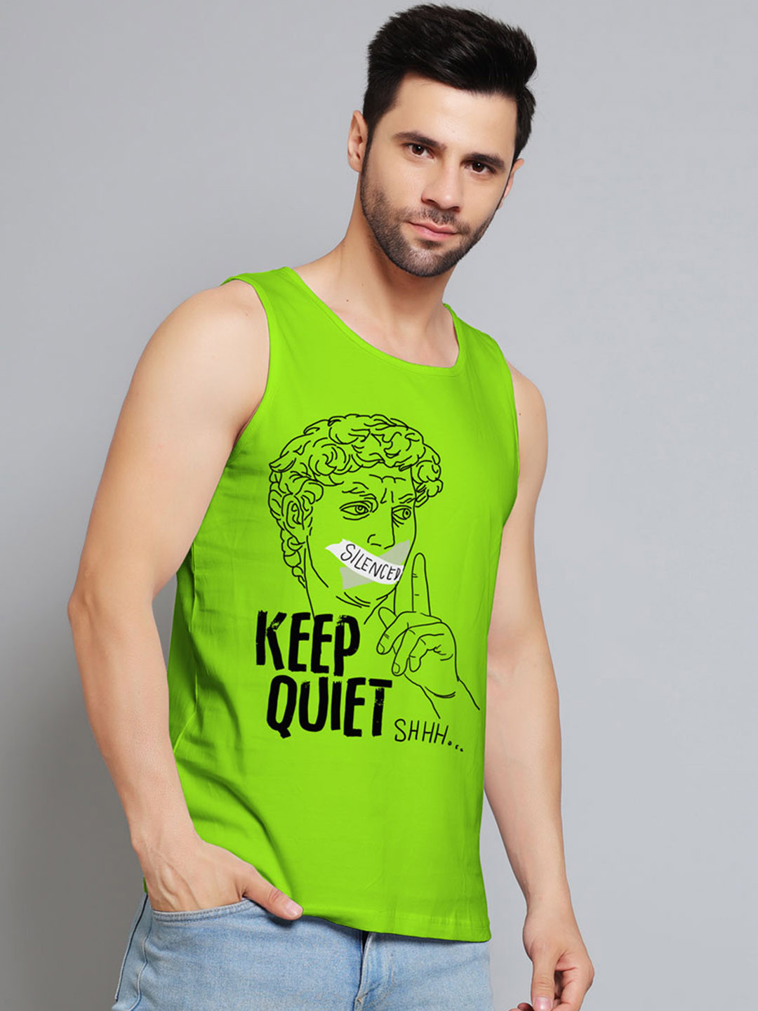 Juxar Keep Quite Shhh Printed Cotton Gym Vest JXR-108SAN-GN-XS
