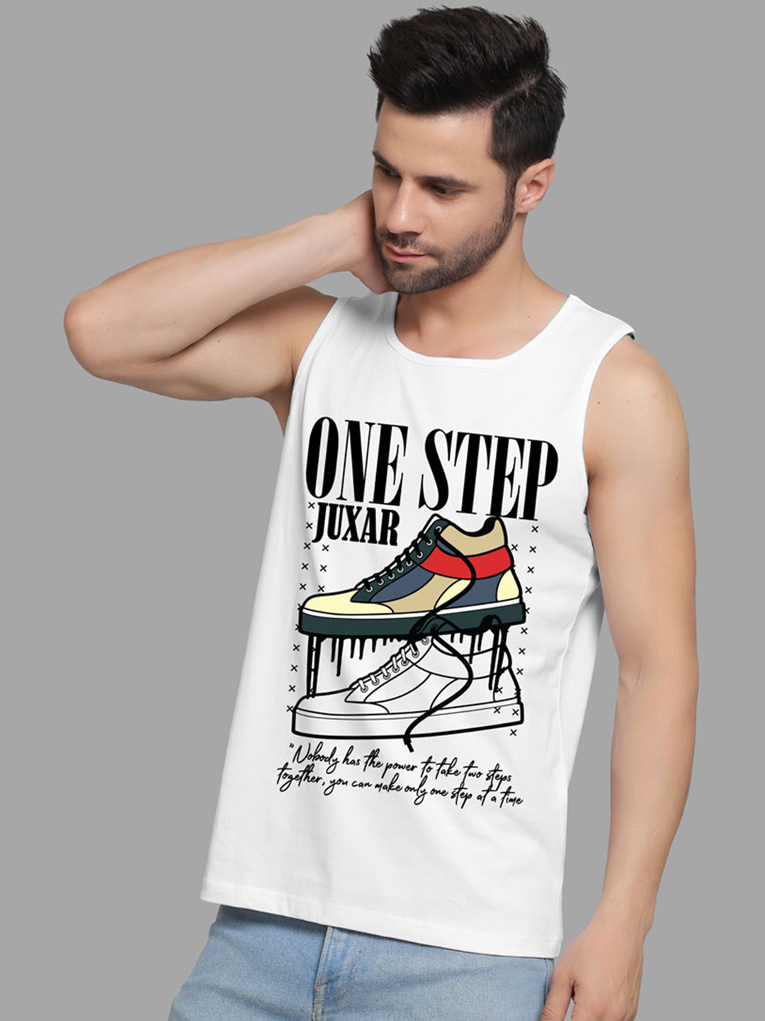 Juxar One Step Printed Cotton Gym Vest JXR-101SAN-WH-XS