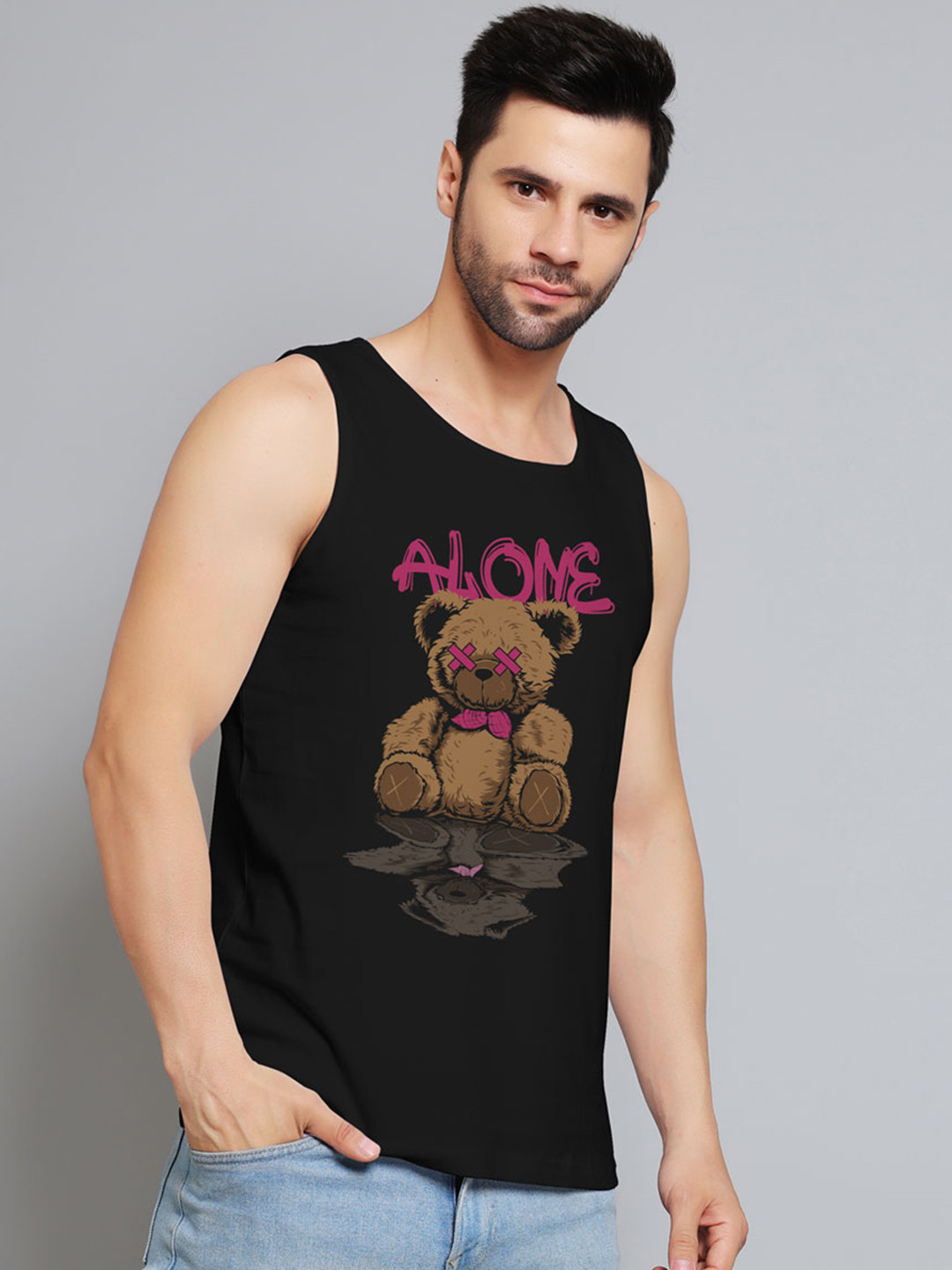 Juxar Alone Taddy Printed Cotton Gym Vest JXR-098SAN-BK-XS