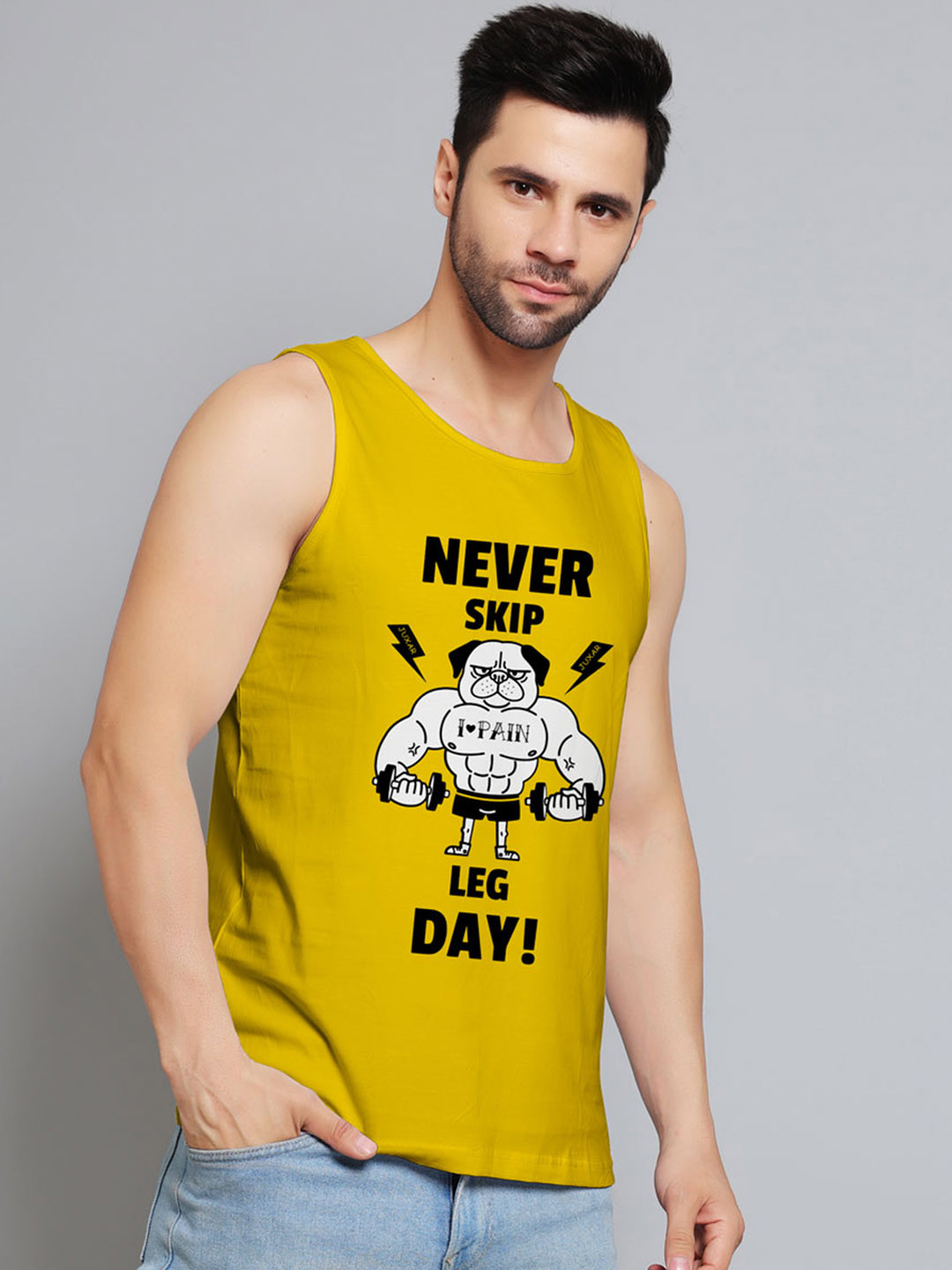 Juxar Never Skip Leg D Printed Cotton Gym Vest JXR-083SAN-YL-XS