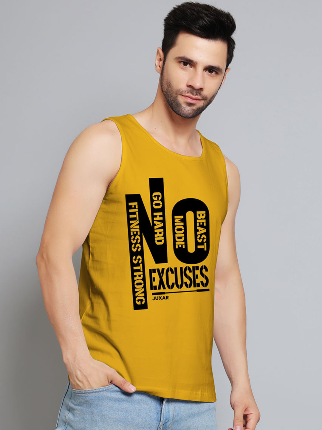 Juxar Fitness Strong Go Hard Printed Cotton Gym Vest JXR-058SAN-YL-XS