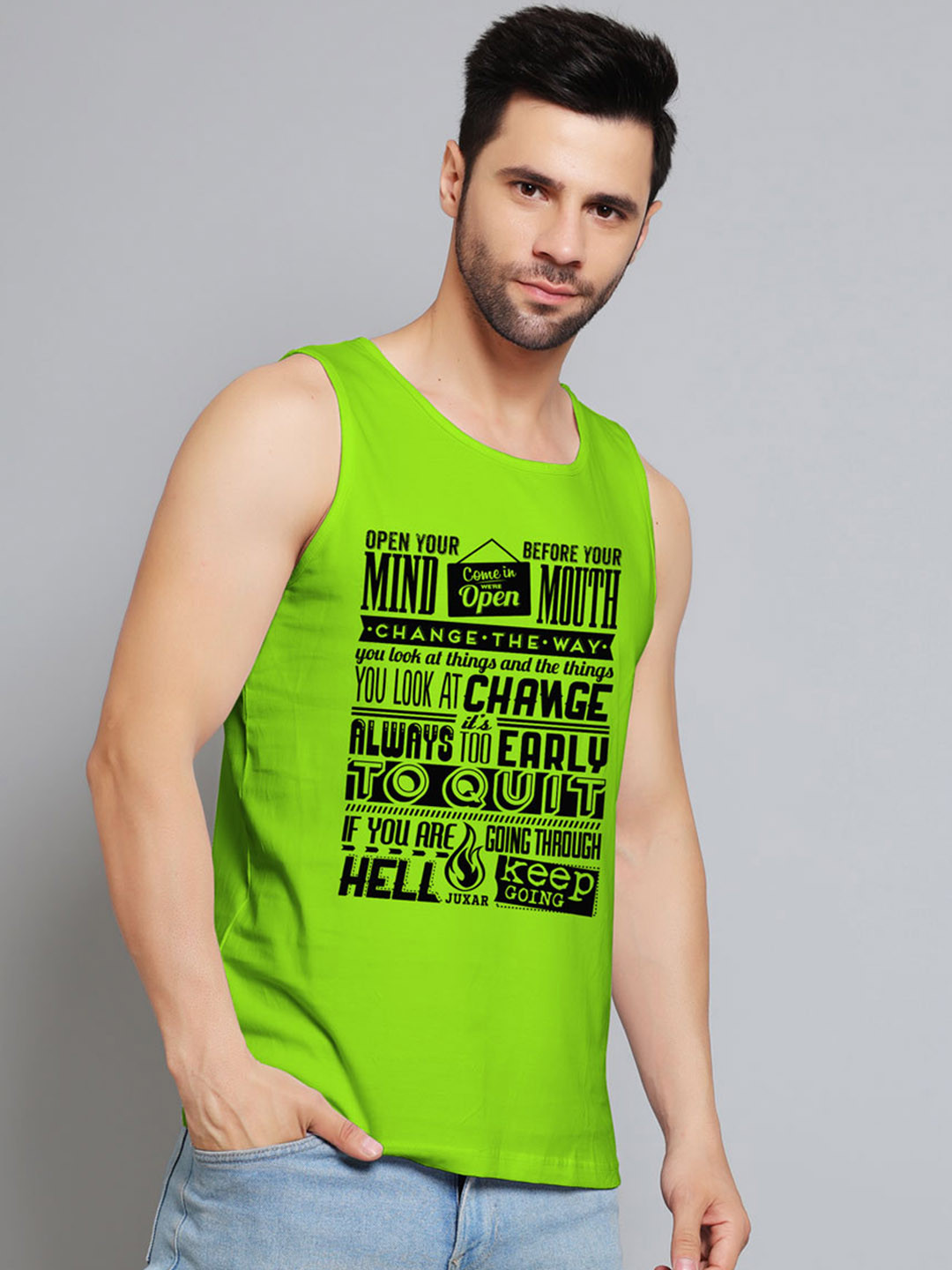 Juxar Open Your Mind Printed Cotton Gym Vest JXR-095SAN-GN-XS