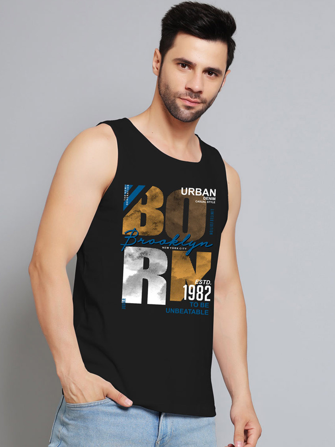 Juxar Urban Born Printed Cotton Gym Vest JXR-076SAN-BK-XS