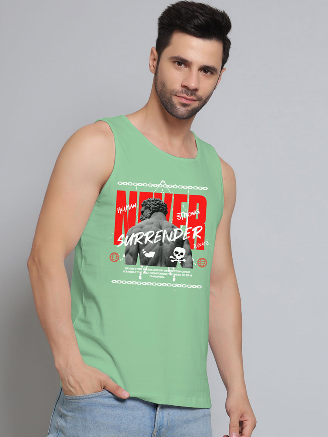 Juxar Printed Round Neck Cotton Gym Vest JXR-112SAN-GN-XS