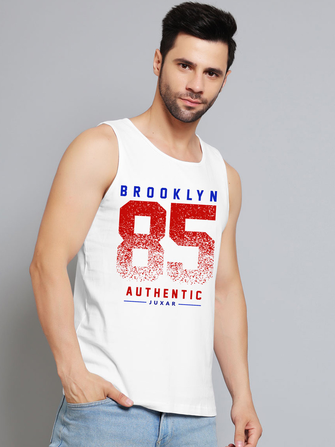 Juxar Brooklyn 85 Authentic Printed Cotton Gym Vest JXR-063SAN-WH-XS