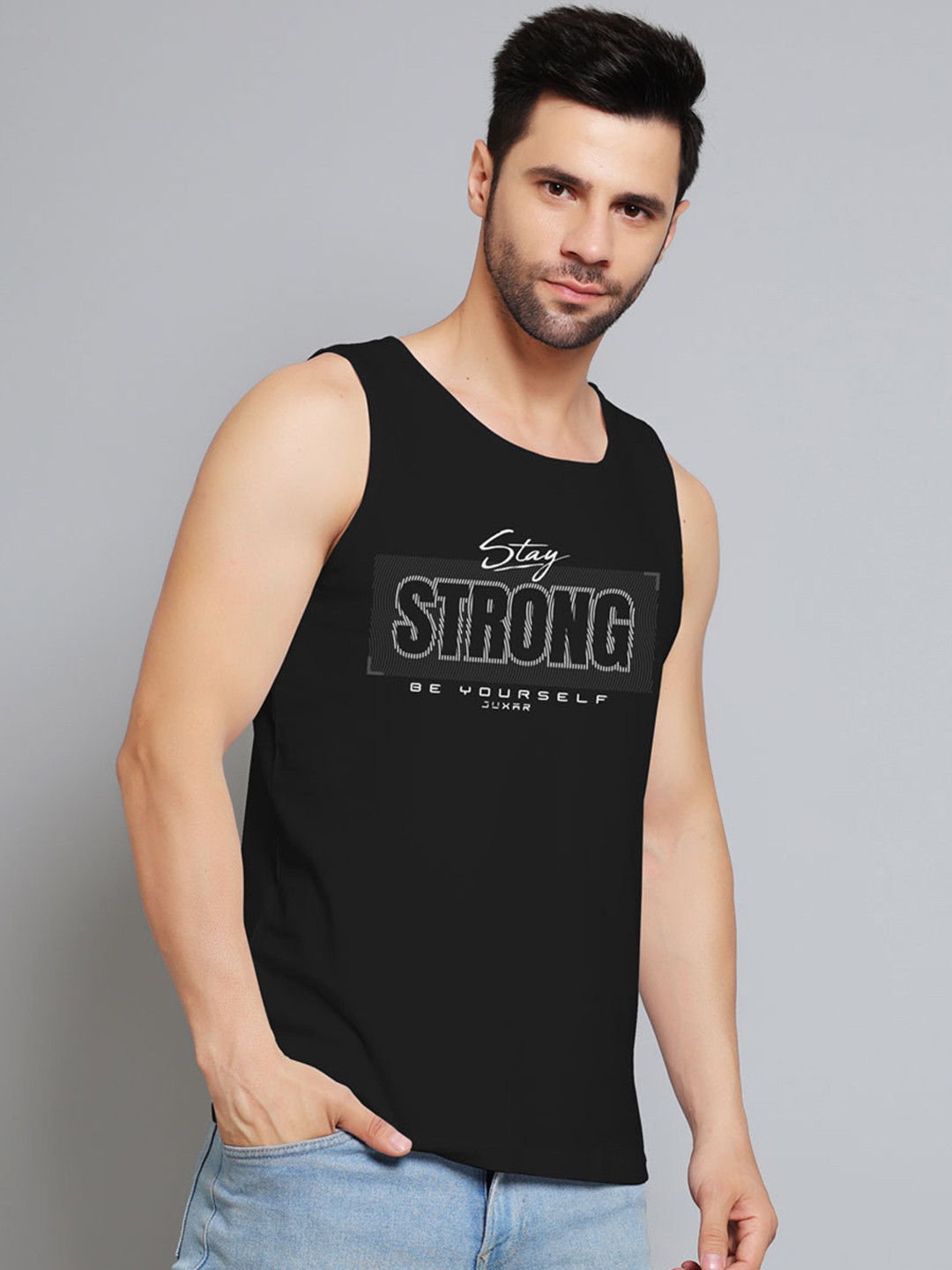 Juxar Stay Strong Printed Cotton Gym Vest JXR-084SAN-BK-XS