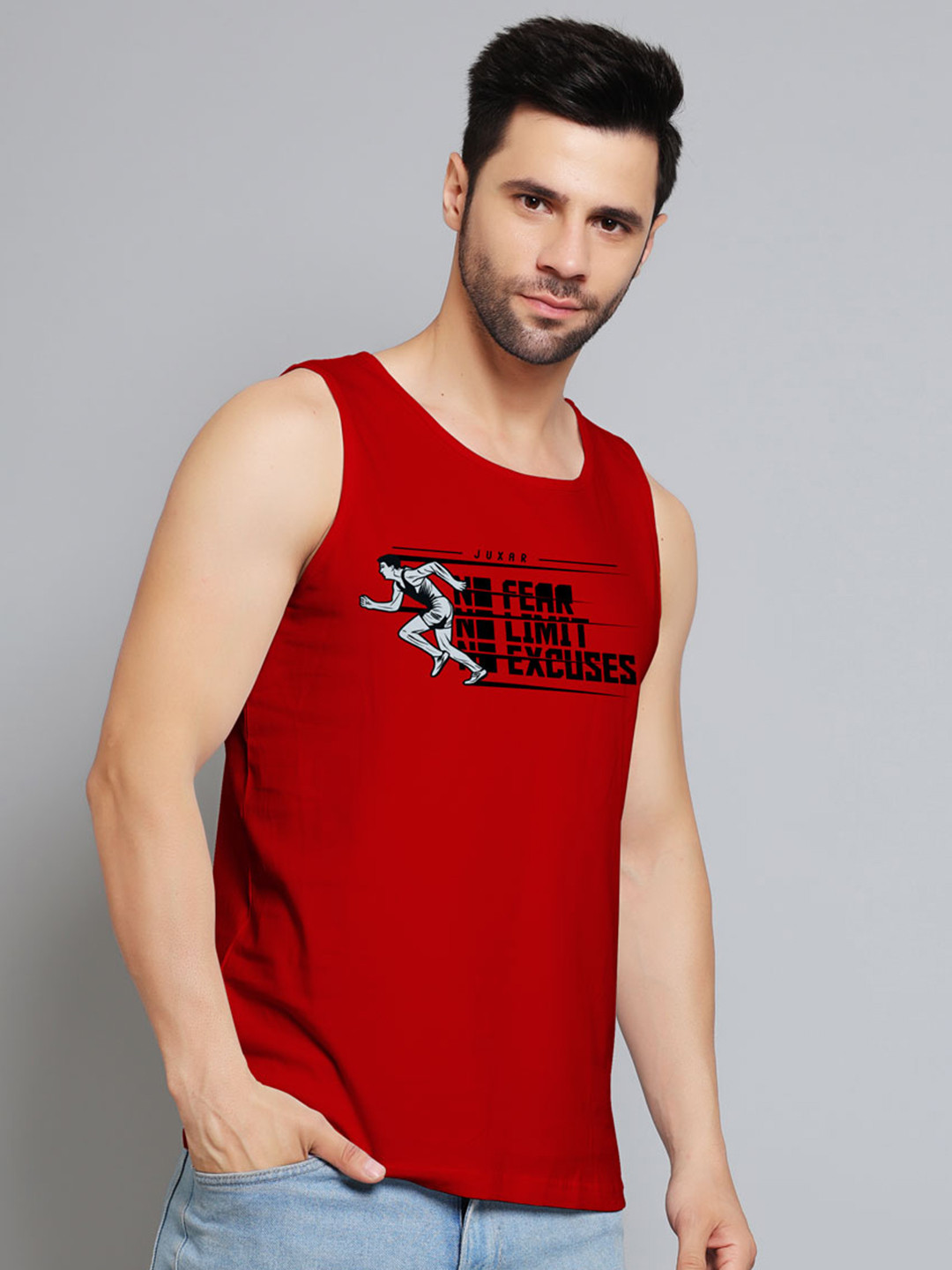 Juxar No Fear Printed Cotton Gym Vest JXR-066SAN-RD-XS