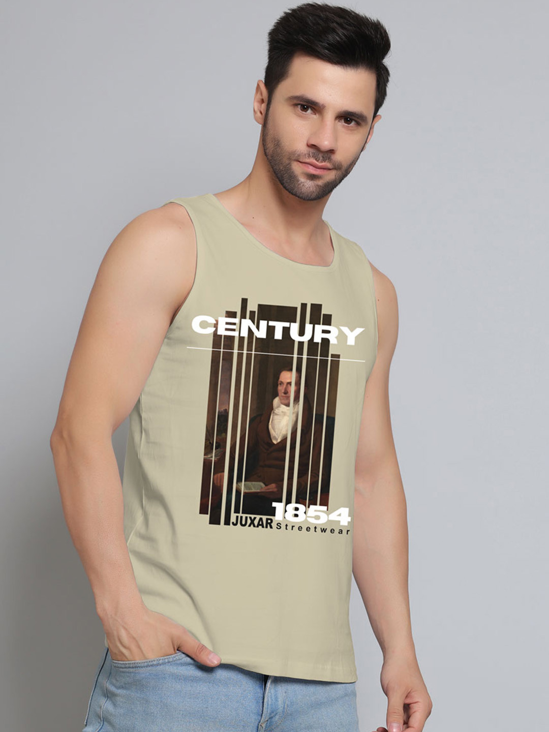 Juxar Printed Round Neck Cotton Gym Vest JXR-122SAN-GN-XS