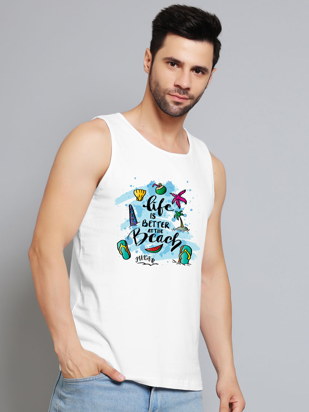 Juxar Life Is Better at The Beach Printed Cotton Innerwear Vests JXR-088SAN-WH-XS