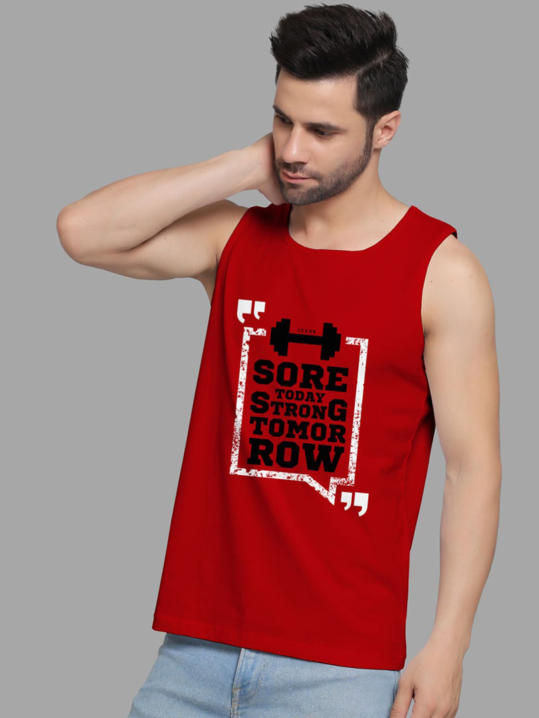 Juxar Sore Today Strong Tomorrow Printed Round Neck Cotton Gym Vest JXR-060SAN-RD-XS