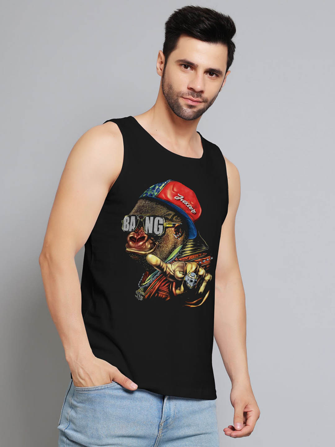 Juxar Bang Monkey Printed Round Neck Cotton Gym Vest JXR-054SAN-BK-XS