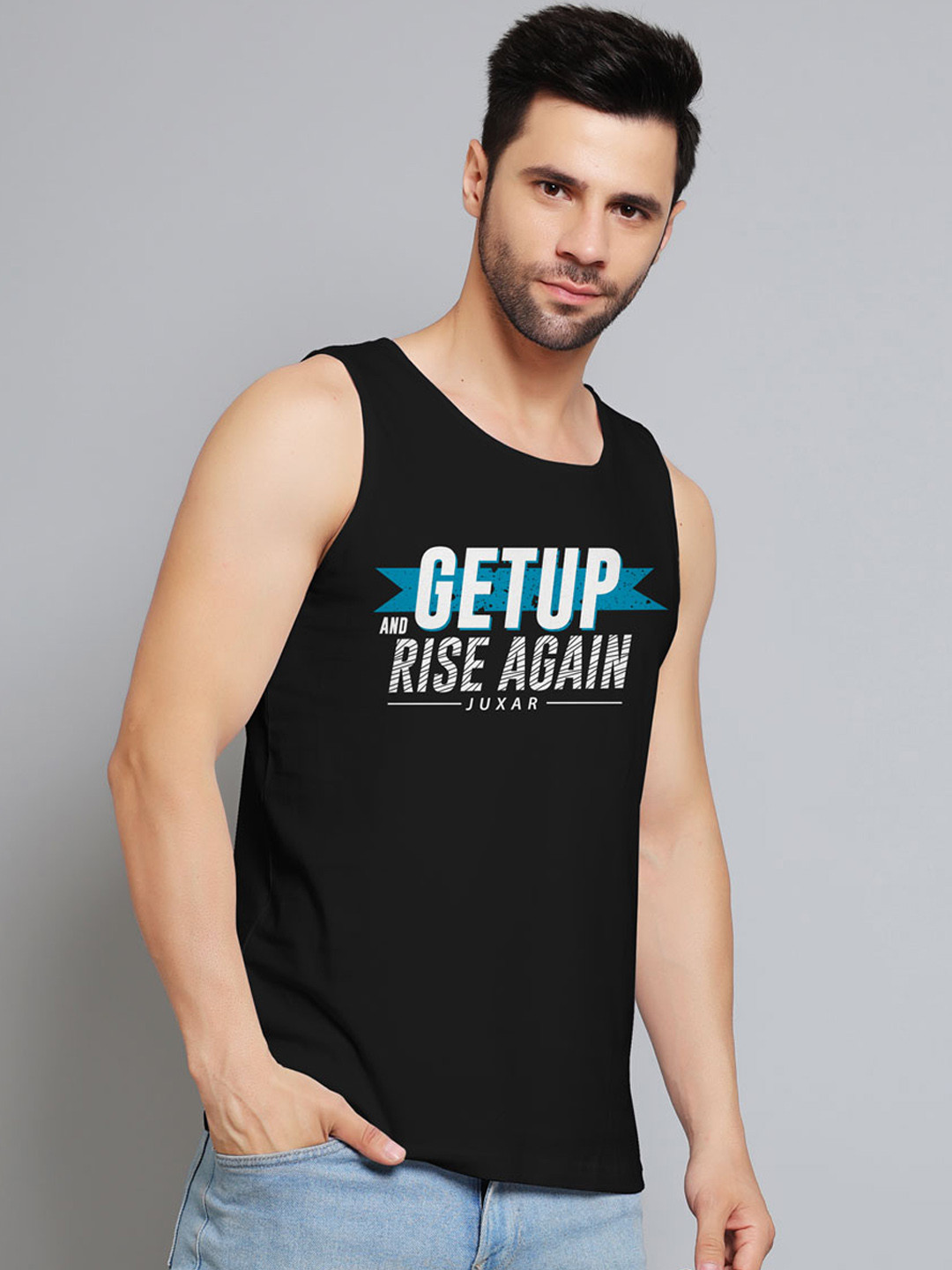 Juxar Get Up And Rase again Printed Cotton Innerwear Vests JXR-059SAN-BK-XS