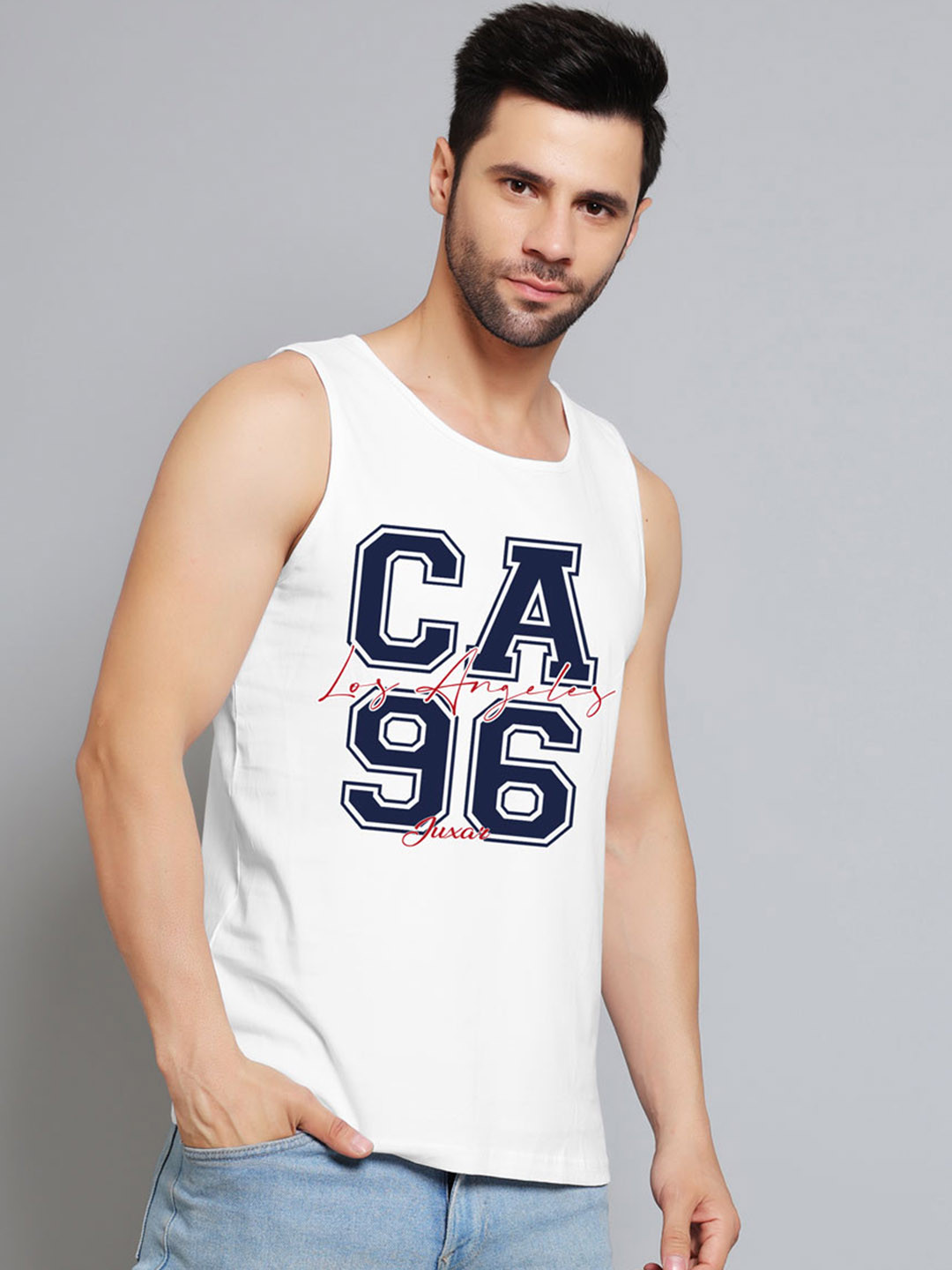 Juxar Printed Round Neck Cotton Gym Vest JXR-120SAN-WH-XS