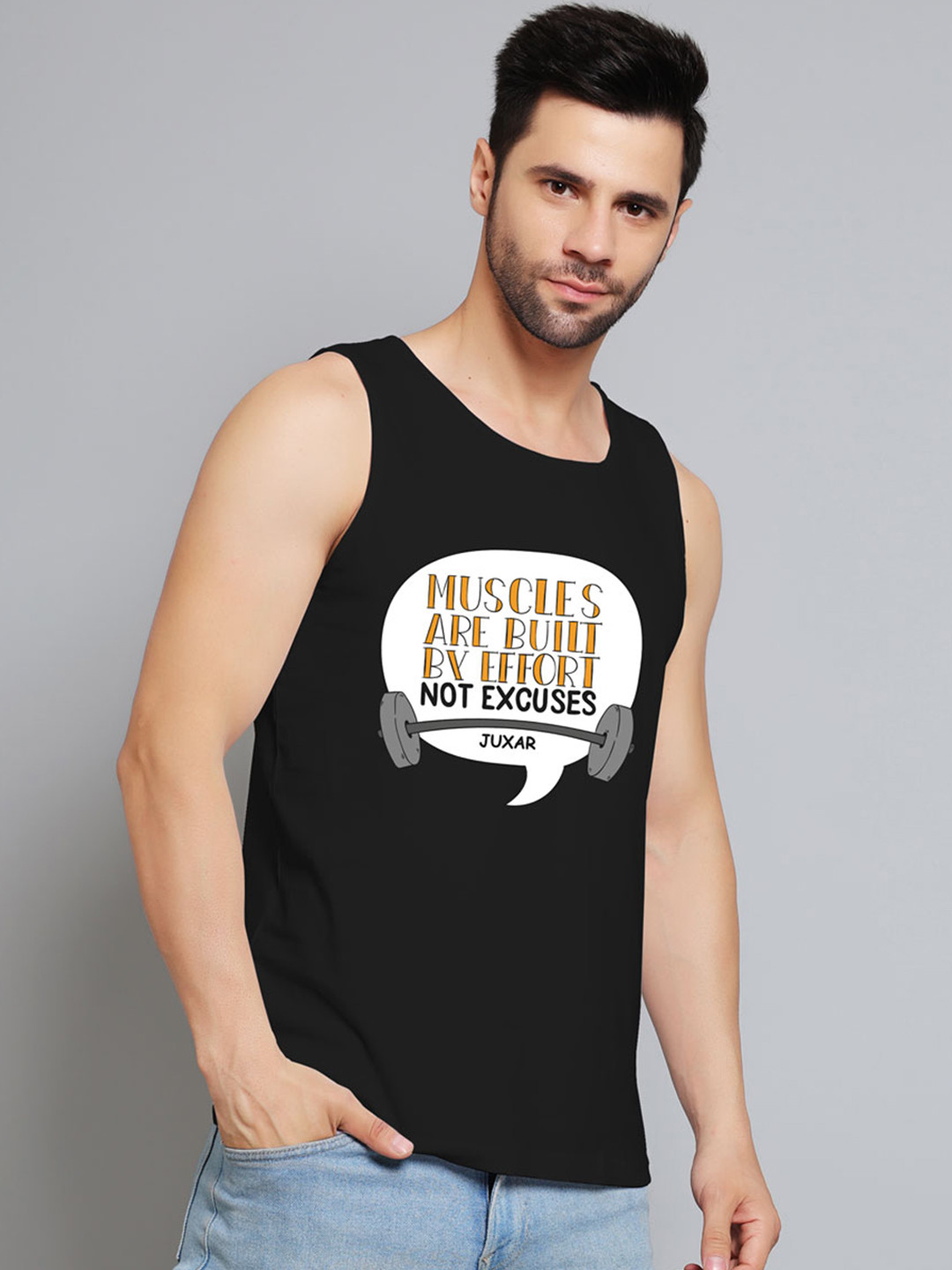 Juxar Muscles Are Built By Effort Printed Cotton Innerwear Vests JXR-089SAN-BK-XS