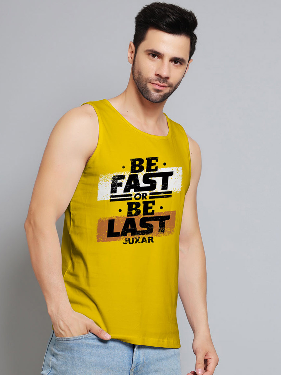 Juxar Be Fast Or Be Last Printed Round Neck Cotton Gym Vest  JXR-086SAN-YL-XS