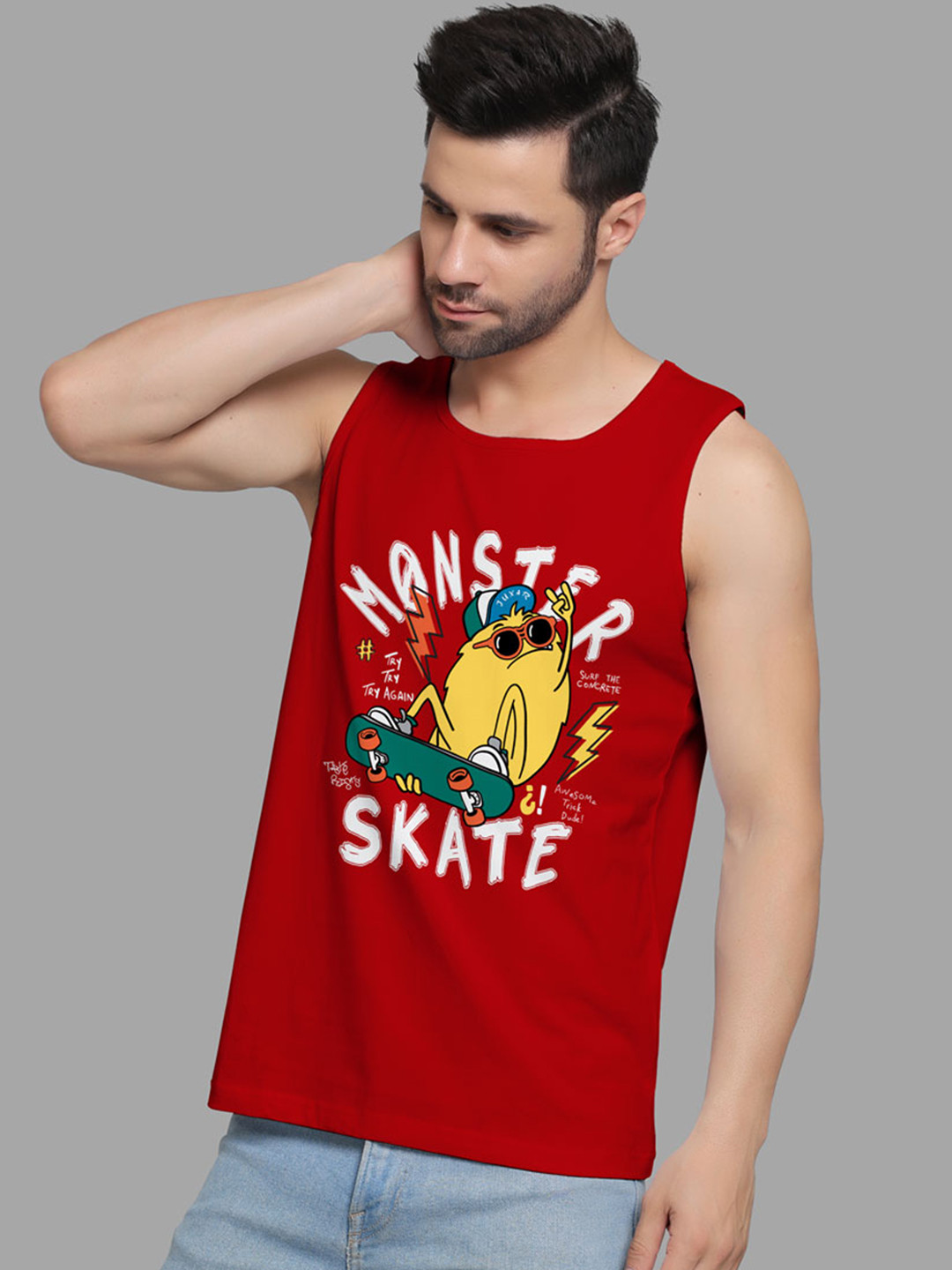 Juxar Monster Skate Printed Cotton Rich Sleeveless Innerwear Vests JXR-053SAN-RD-XS