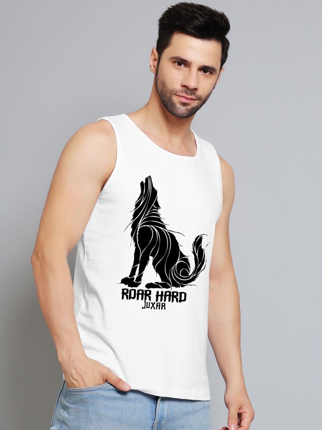 Juxar Roar Hard Printed Cotton Sleeveless Innerwear Vests JXR-074SAN-WH-XS