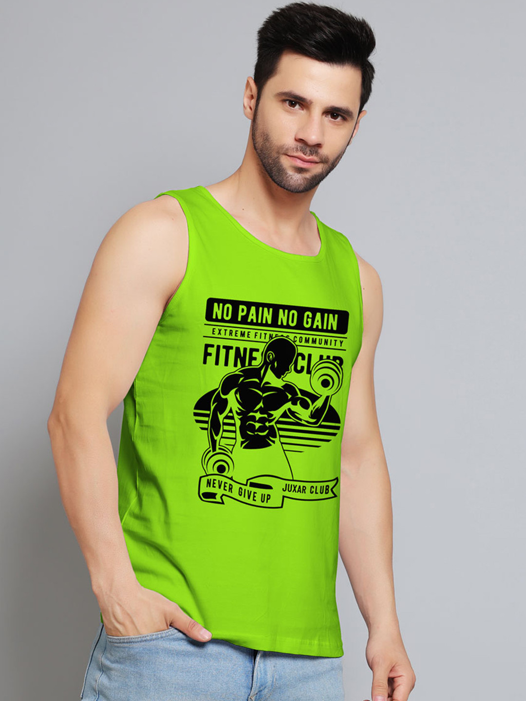 Juxar No Pain No Gain Printed Cotton Sleeveless Innerwear Vests JXR-056SAN-GN-XS