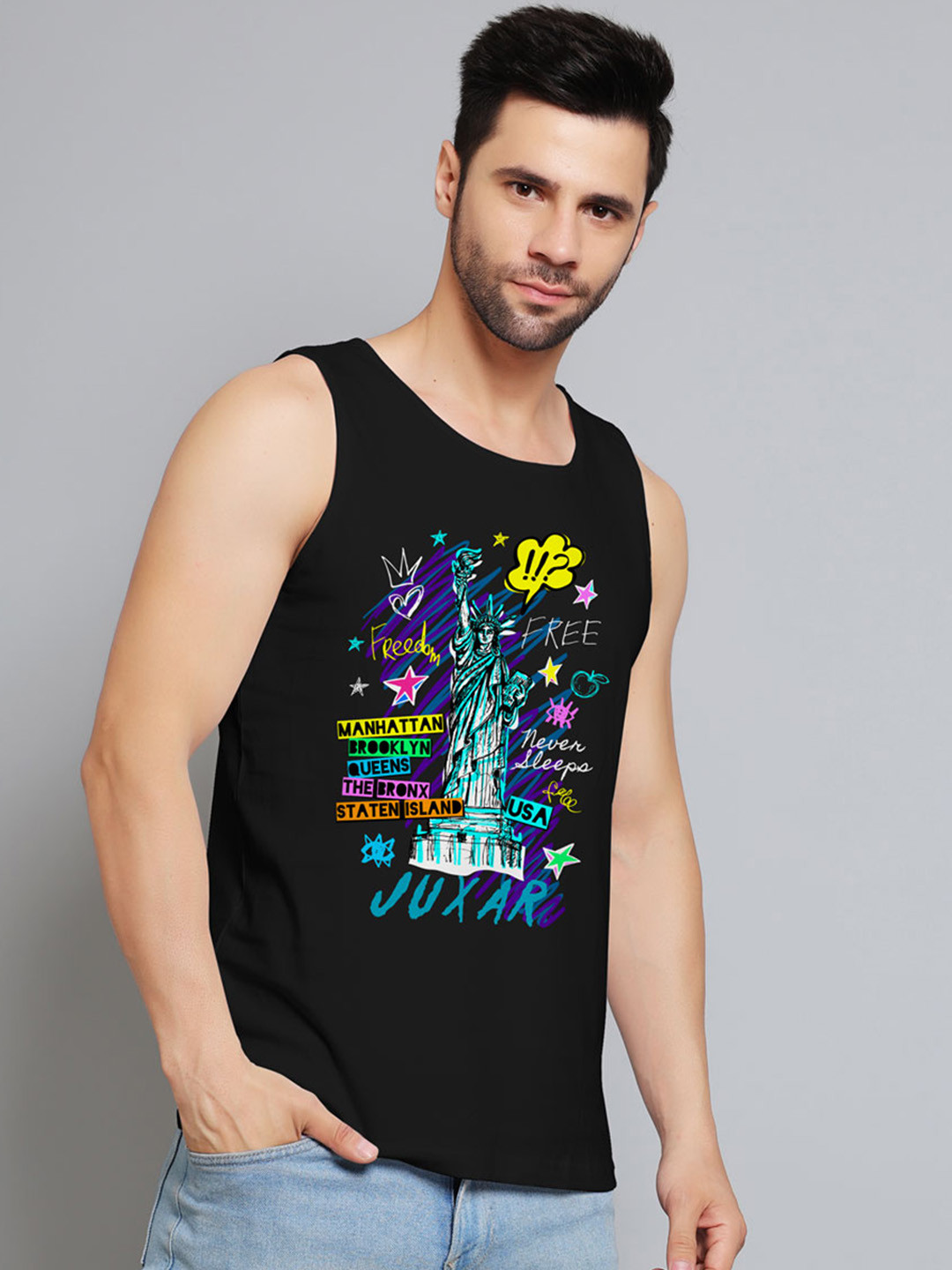 Juxar Manhattan Brooklyn Printed Cotton Gym Vest JXR-065SAN-BK-XS