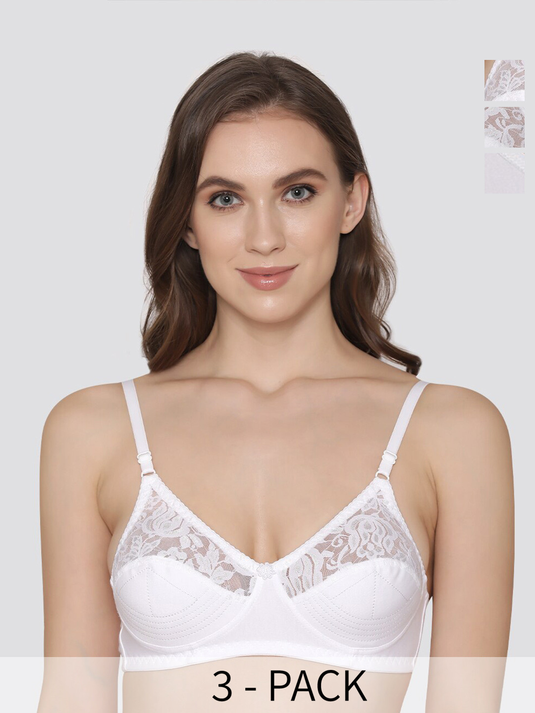 Kalyani Deepali Pack of 3 Non Padded Everyday Lace Bra WHT-WHT-WHT
