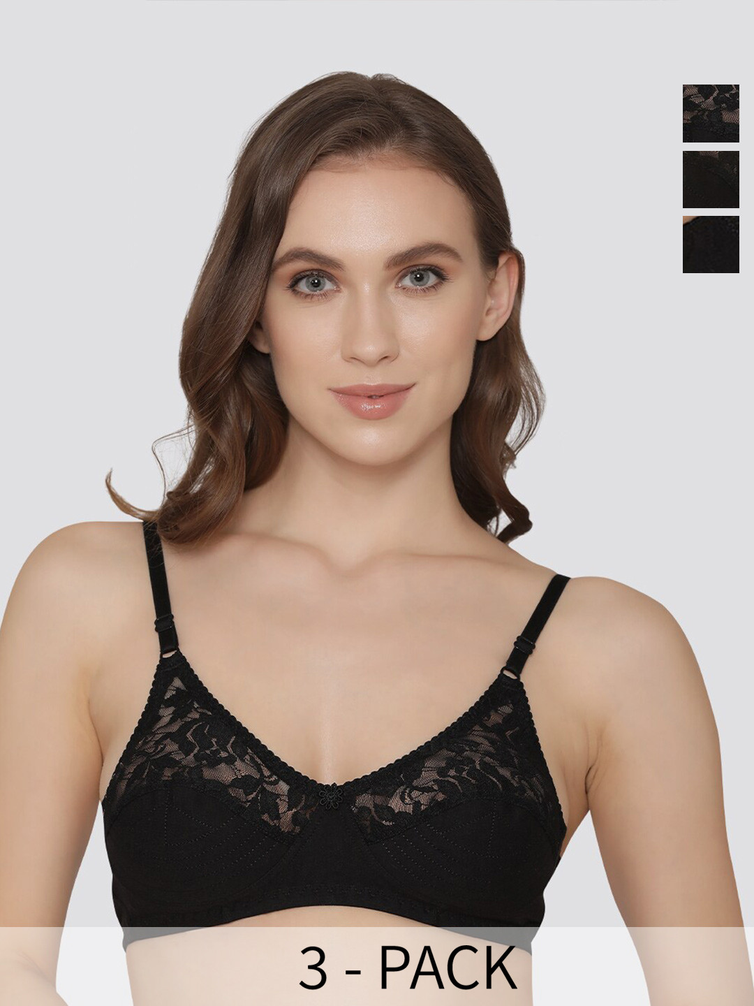 Kalyani Deepali Pack of 3 Non Padded Everyday Lace Bra BLK-BLK-BLK