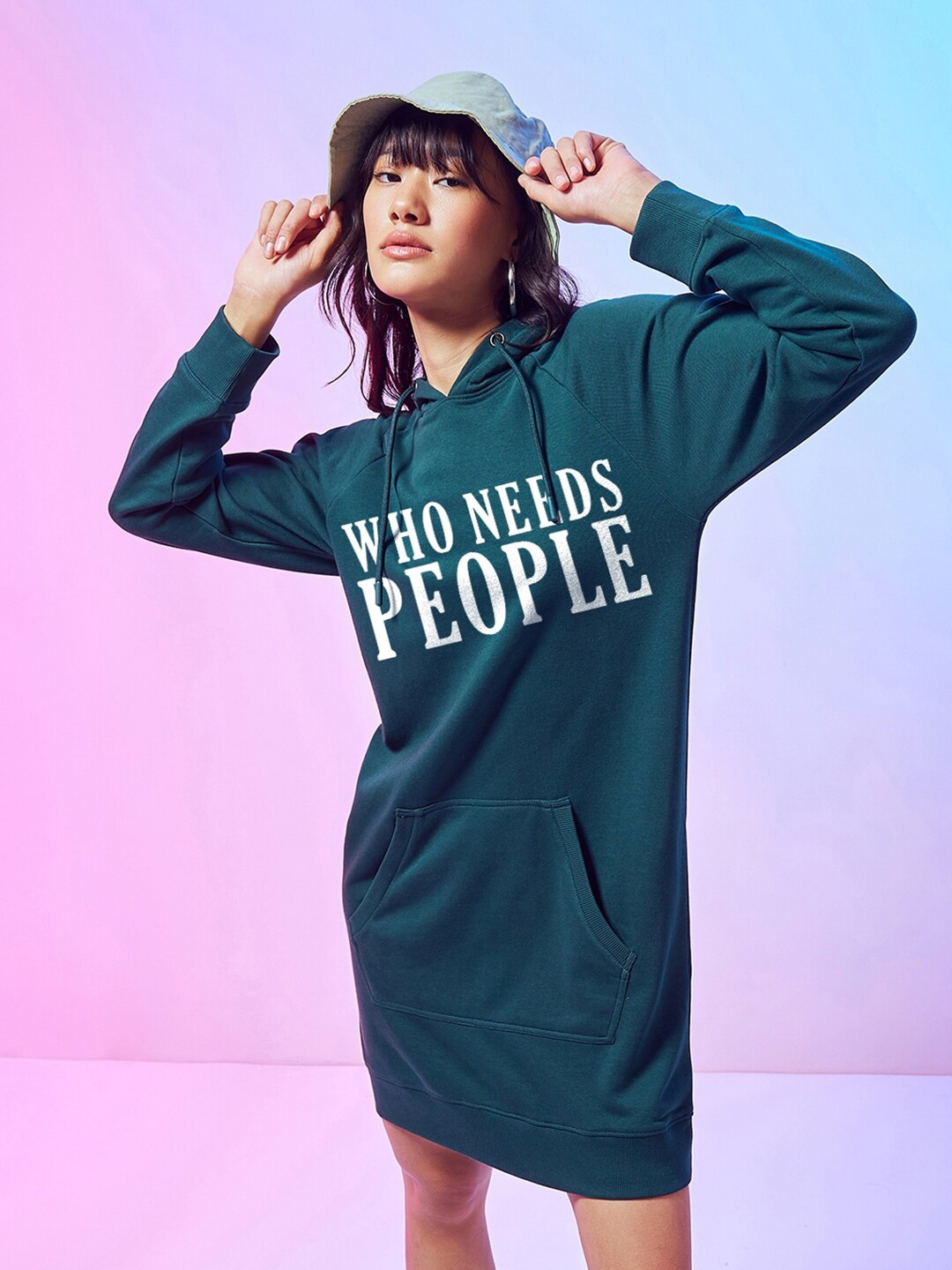 Buy Bewakoof Green Who Needs People Printed Hooded Cotton T shirt Dress Dresses for Women 28697654 Myntra