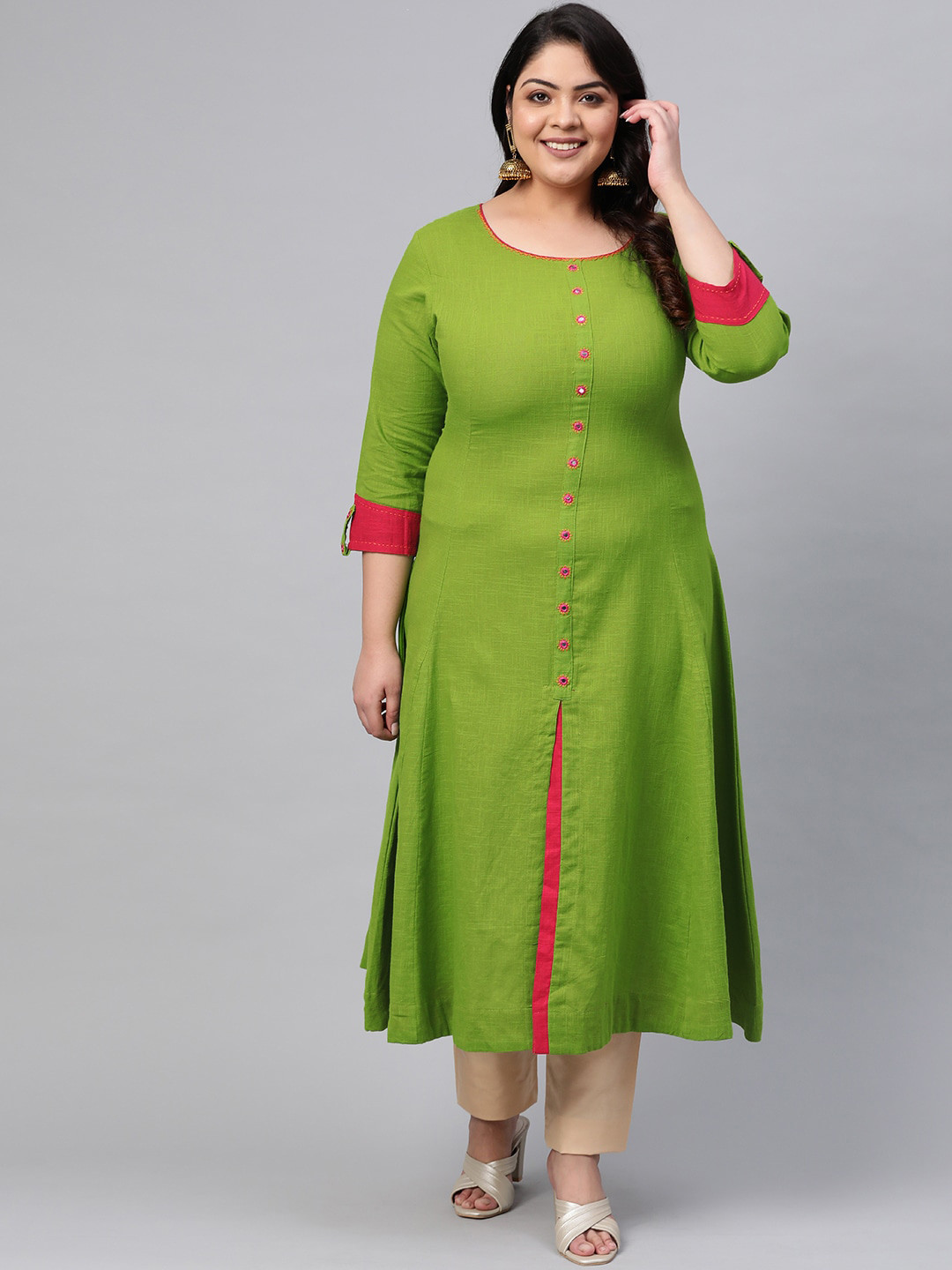 KALINI Plus Size Scoop Neck Three-Quarter Sleeves Mirror Work Cotton A-Line Kurta
