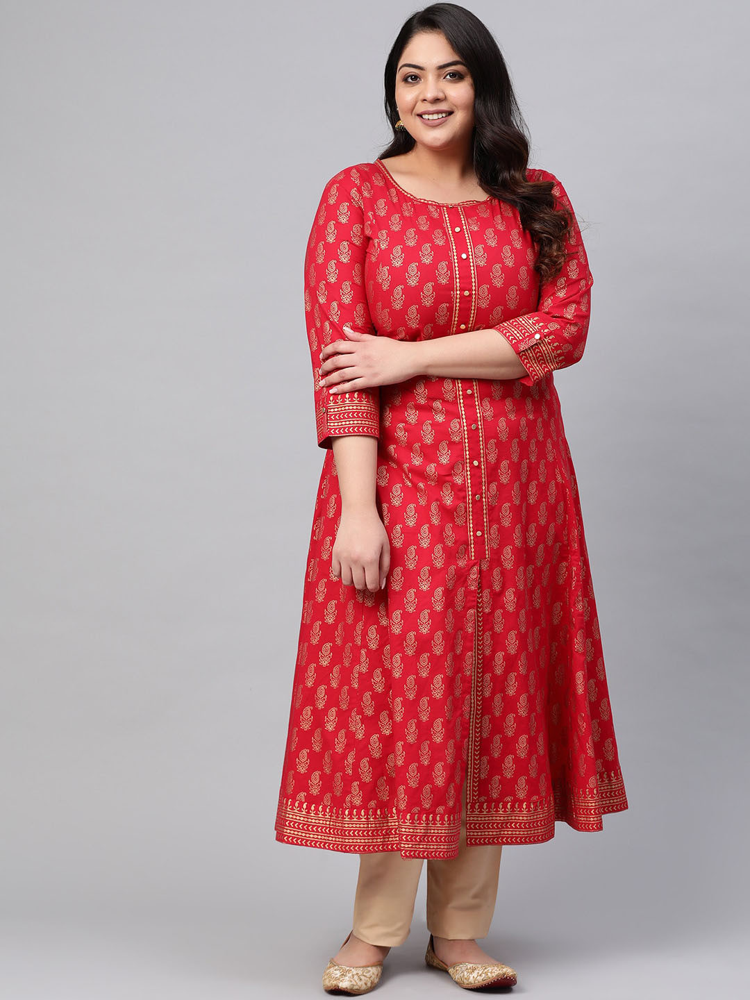 KALINI Ethnic Motifs Printed Beads and Stones Panelled Cotton Anarkali Kurta