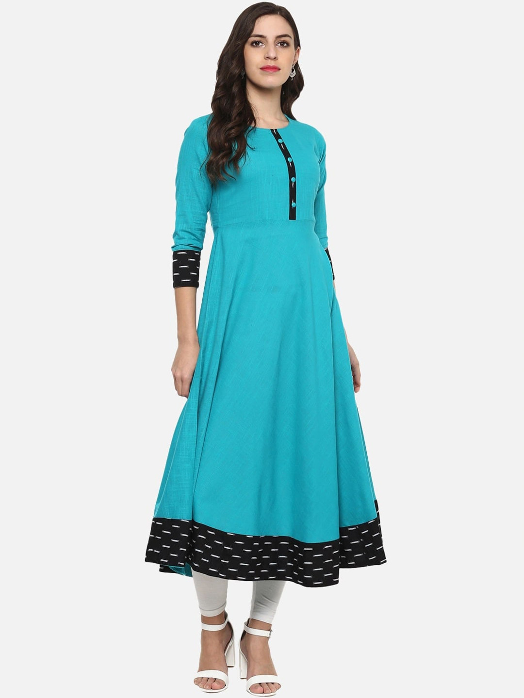 KALINI Boat Neck Thread Work Three-Quarter Sleeves Anarkali Cotton Kurta