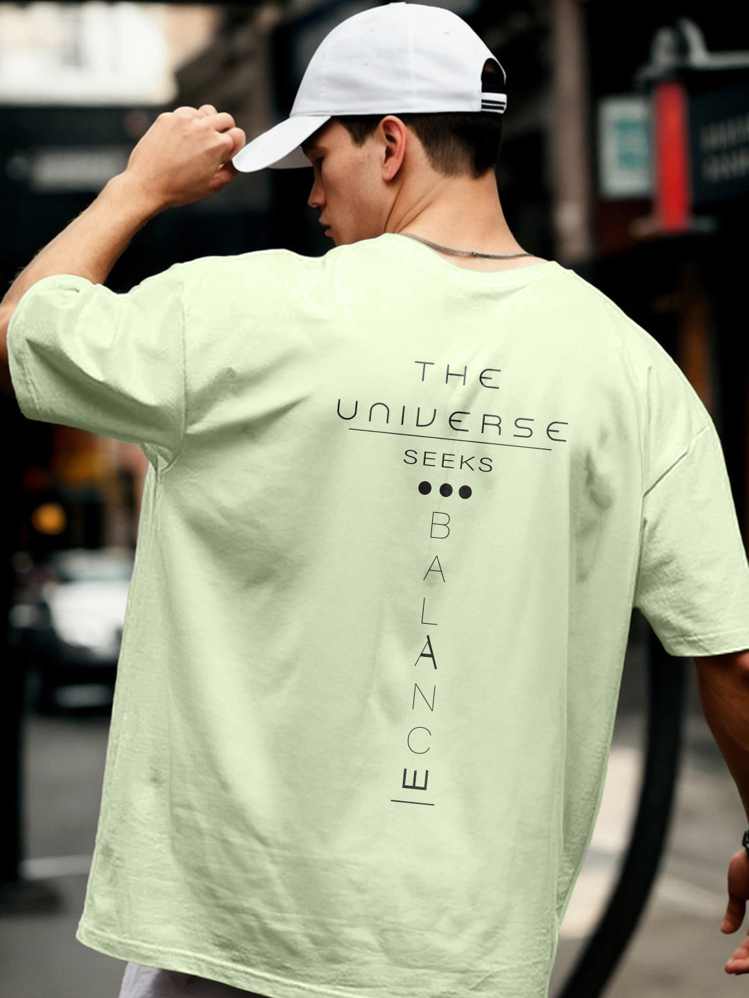 NOBERO Universe Balance Typography Printed Drop-Shoulder Sleeves Cotton Oversized T-shirt