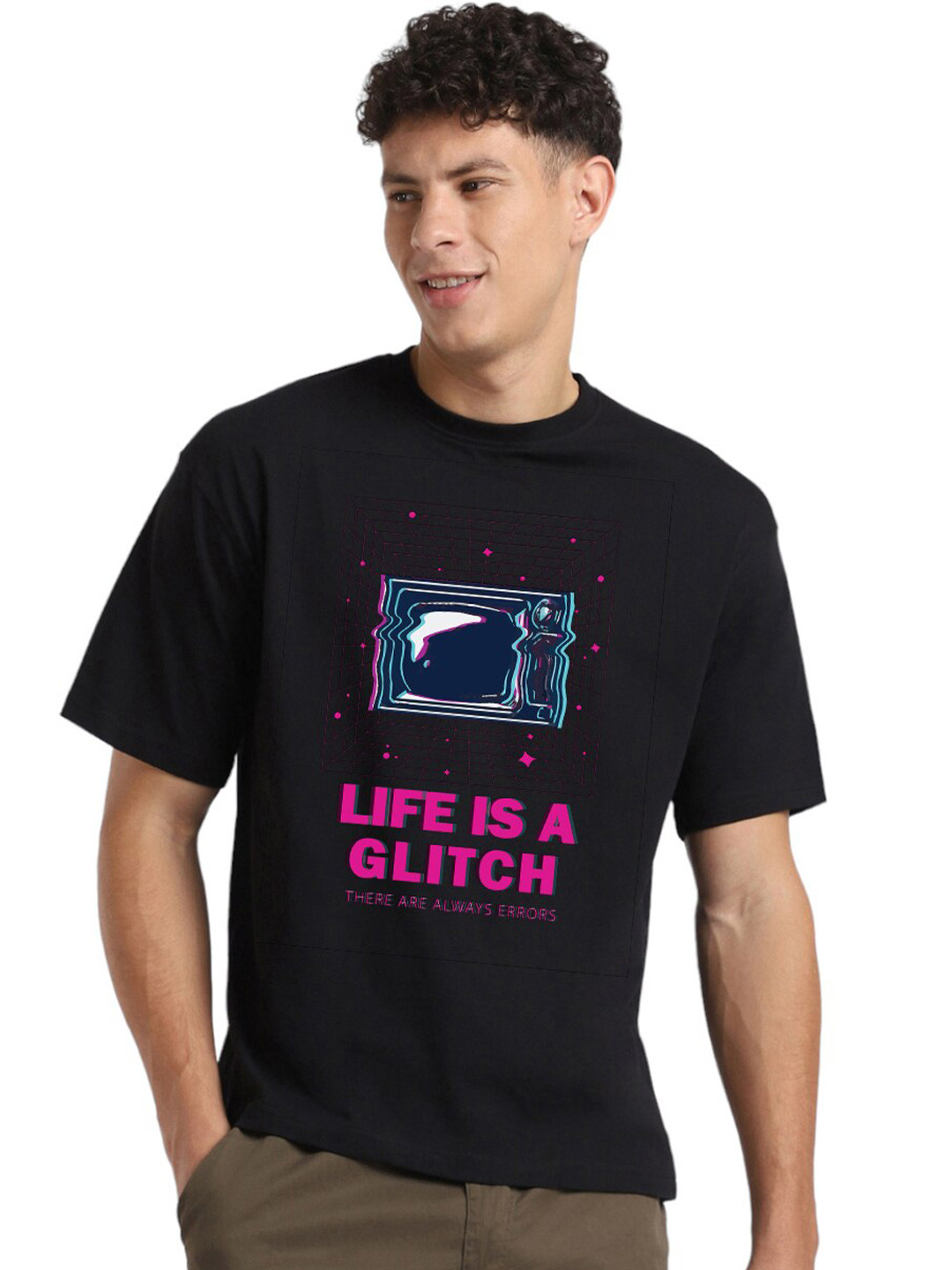 NOBERO Life Is A Glitch Graphic Printed Drop-Shoulder Sleeves Cotton Oversized T-shirt