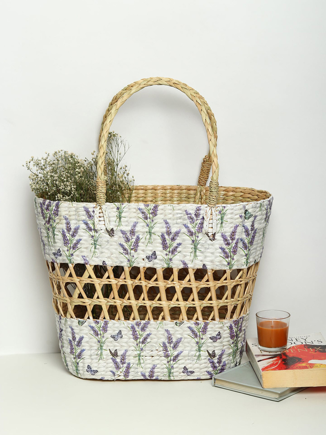 HABERE INDIA White Floral Seagrass Reusable Tote Basket