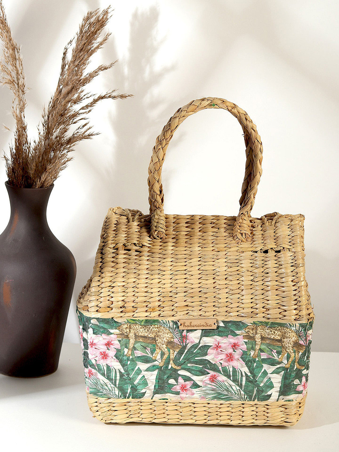 HABERE INDIA Brown Floral Printed Seagrass Reusable Tote Basket